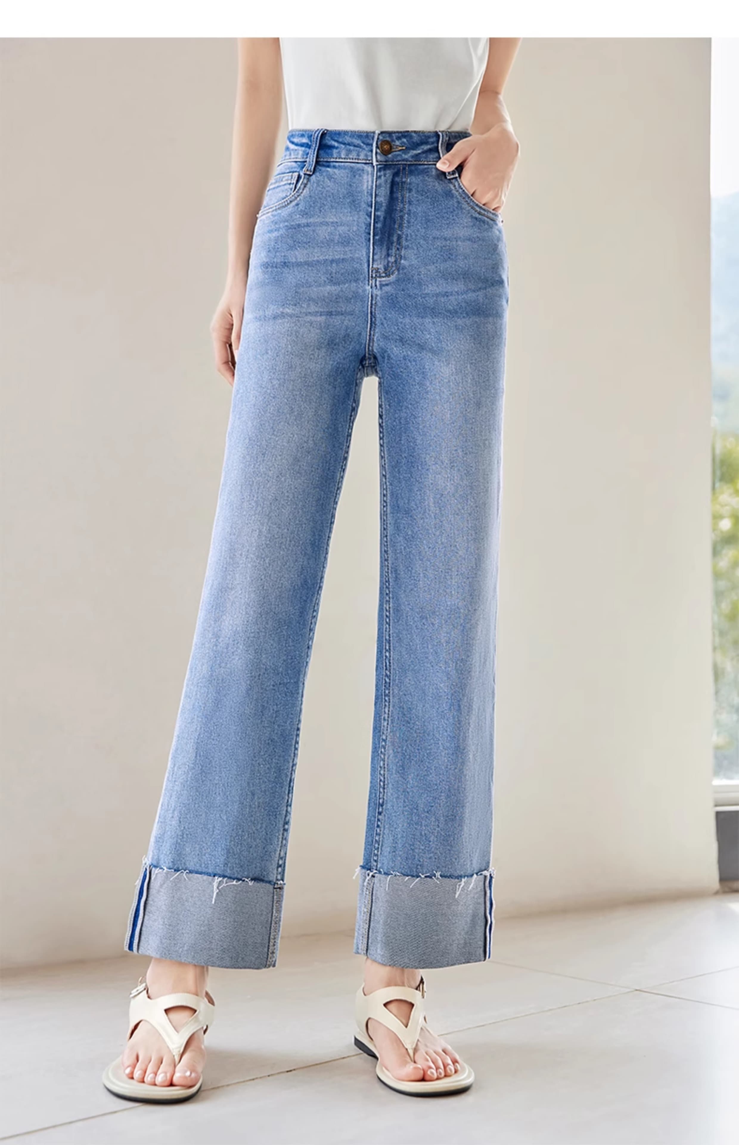 スキニーパンツ 折り返しワイドデニムパンツ