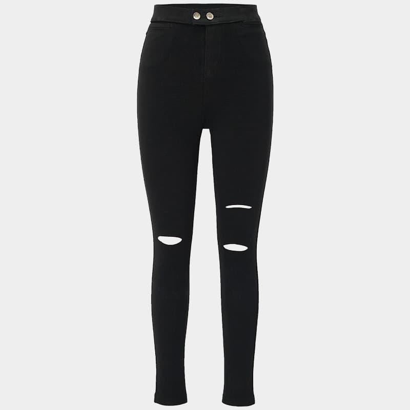スキニーパンツ 破れ加工入り 美脚ハイウエストパンツ