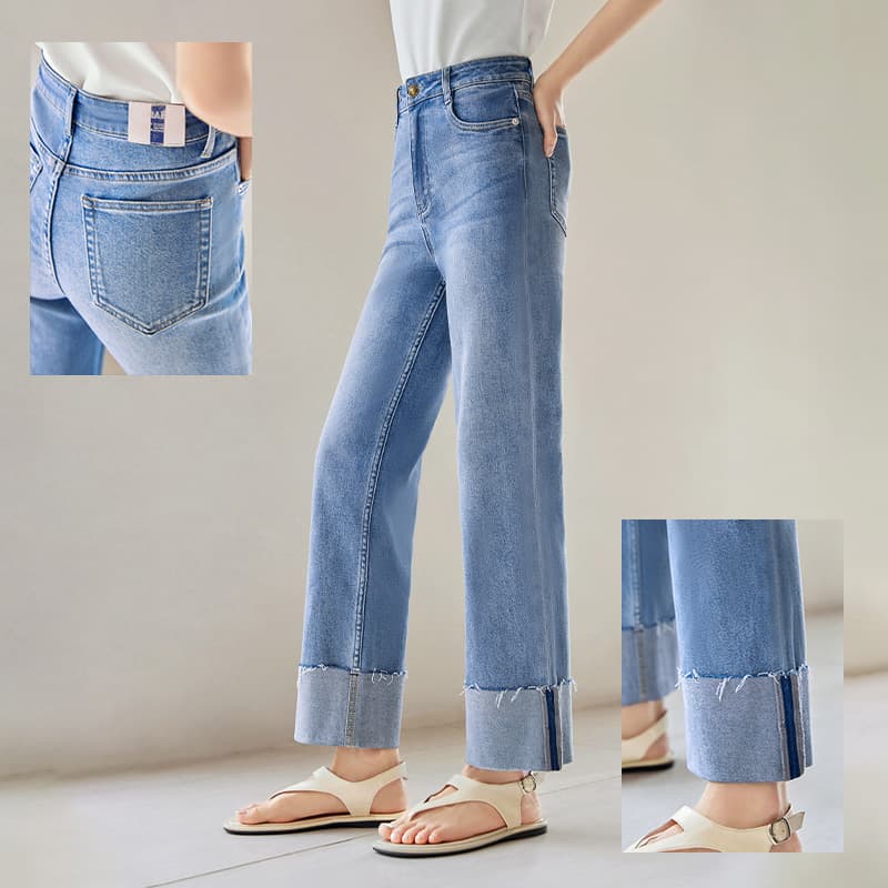 スキニーパンツ 折り返しワイドデニムパンツ
