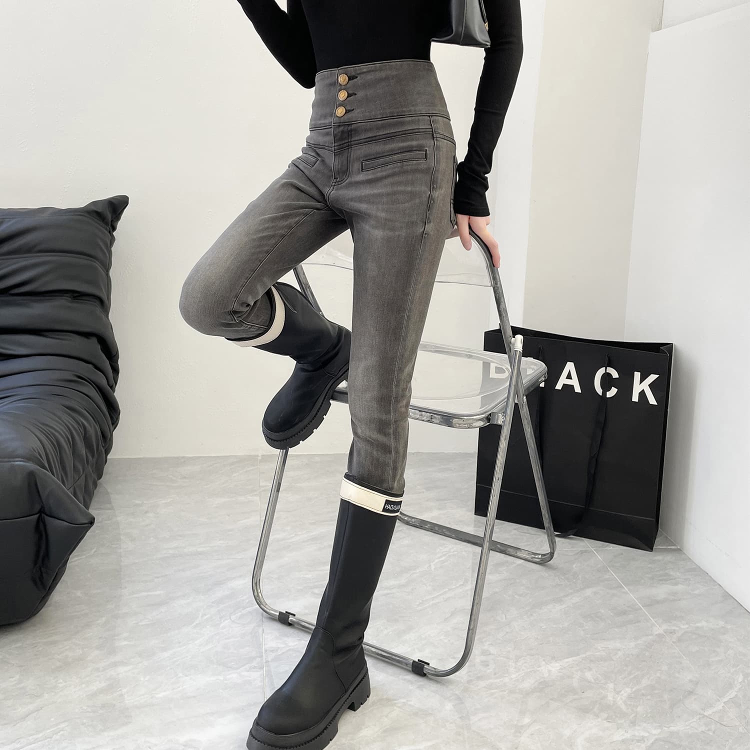 ハイウエストボタンデザインスキニーパンツ