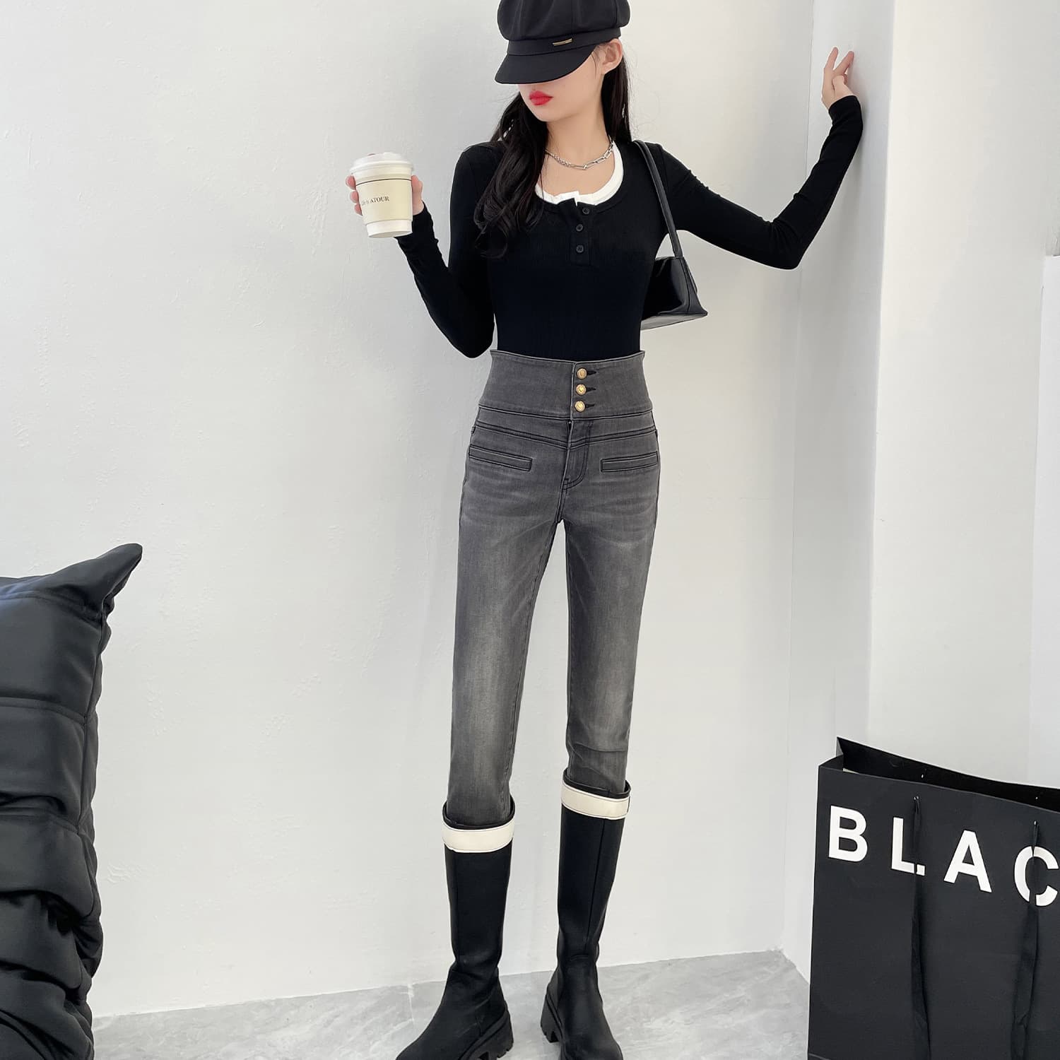 ハイウエストボタンデザインスキニーパンツ