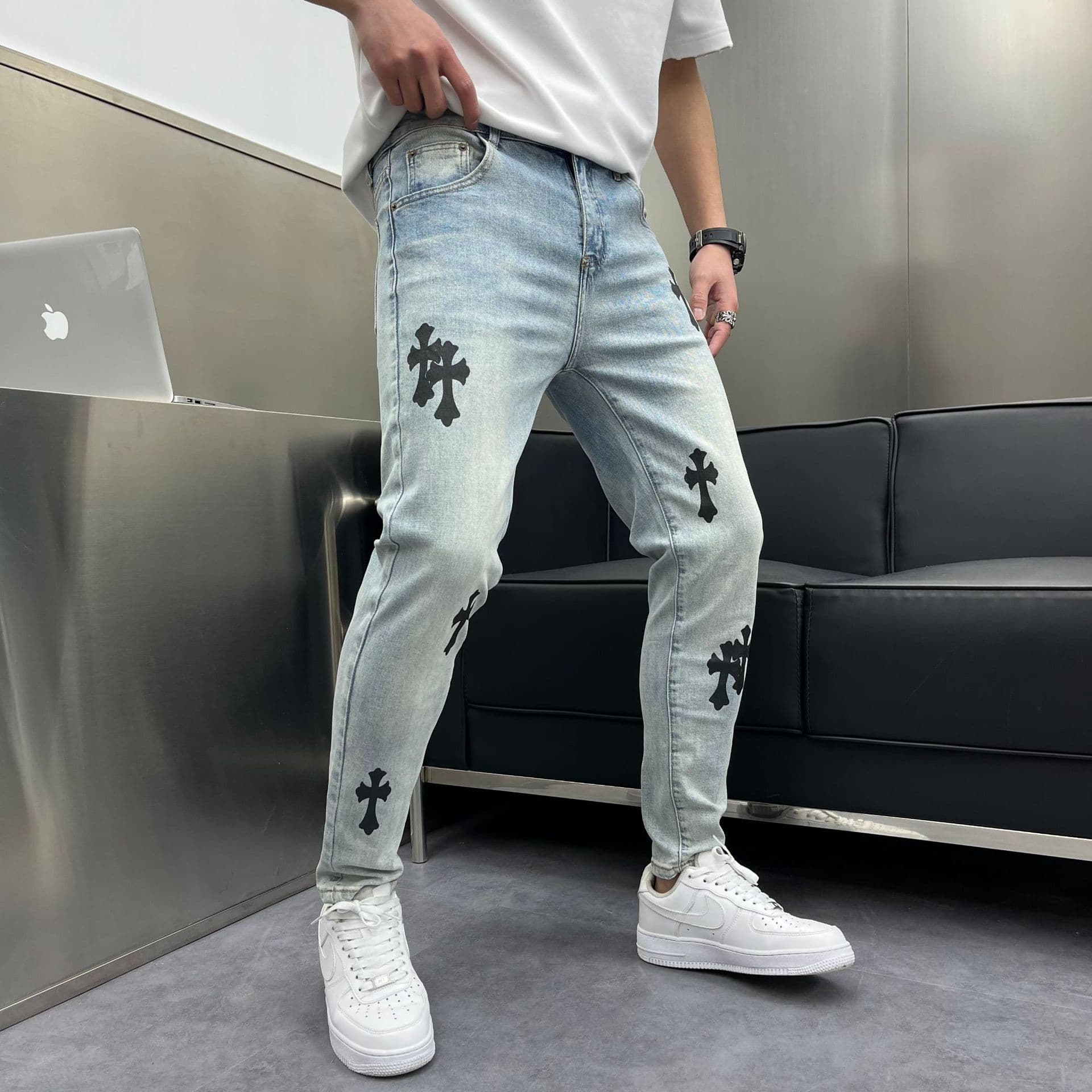 スキニーパンツ 十字架デザインスリムパンツ