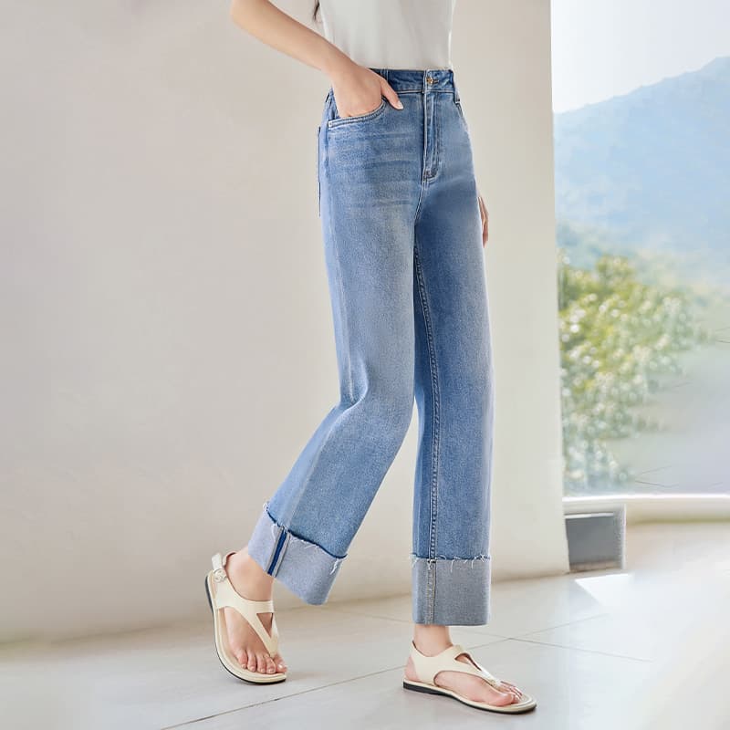スキニーパンツ 折り返しワイドデニムパンツ