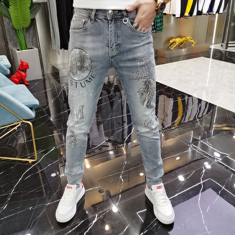 スキニーパンツ クラフトプリントスキニーデニム